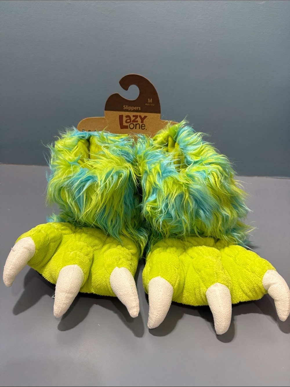 Lazy One Neon Green & Aqua Fuzzy Monster Claw Slippers
